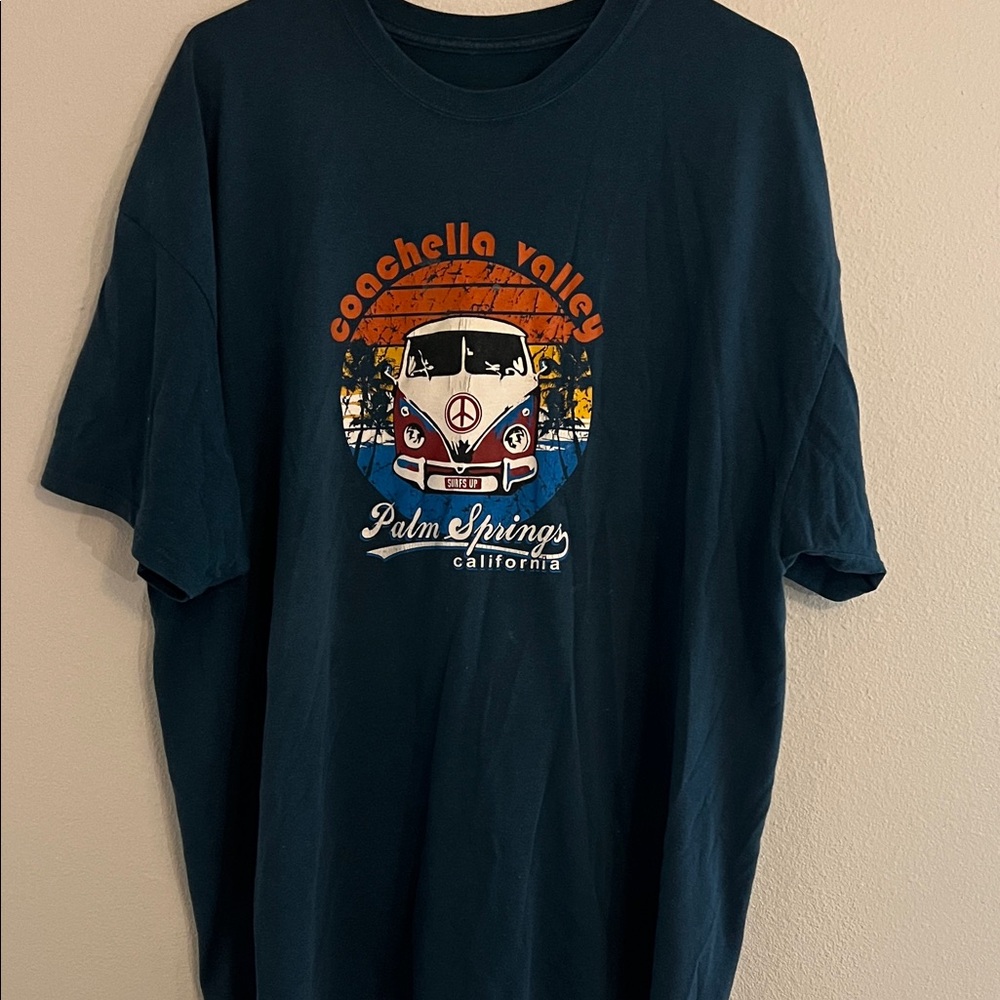 Coachella Palm Springs. Dark teal w/ orange. USED 2x or 3x Mens. Awesome shirt!
